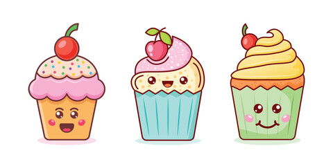 Cute sweet desserts icon set in flat style. Kawaii cupcake vector illustration on isolated background. Happy muffin sign business concept.