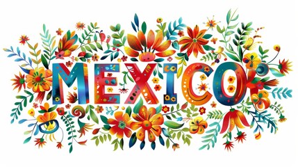 Mexican traditional floral ornaments vector logo design featuring the text "MEXICO" on a white background.
