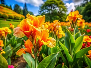 Vibrant Golden Canna Blooms in a Lush Garden Landscape Showcasing Nature's Beauty and Colorful Flora