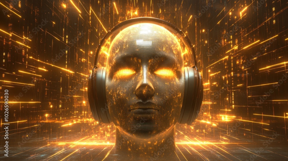 Poster a 3d rendering of a robotic head with headphones, surrounded by glowing digital lines.
