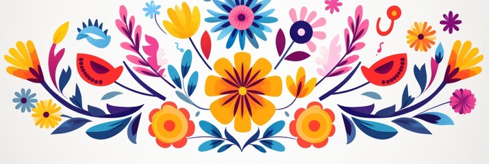 Mexican traditional floral ornaments featuring colorful flowers and leaves against a white background.