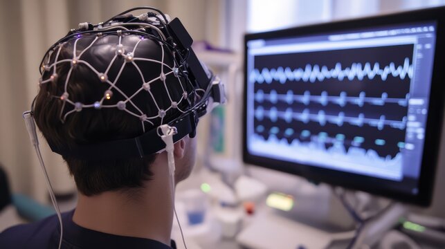 High-tech EEG machine monitoring brainwaves, with a patient wearing electrodes, and real-time data visualized on a digital screen
