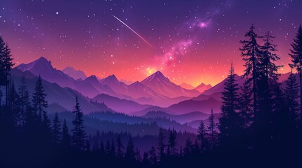 Majestic Mountain Sunset with Tree Silhouettes