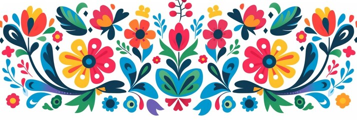 Mexican traditional floral ornaments featuring colorful flowers and leaves against a white background.