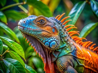 Obraz premium Vibrant Iguana Colors in Nature: A Stunning Display of Green, Blue, and Orange Hues in Tropical Ecosystems