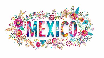 Mexican traditional floral ornaments vector logo design featuring the text "MEXICO" on a white background.
