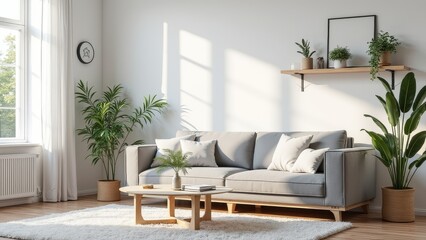 Generative, AI, A bright, modern living room with a gray sofa, plants, a wooden coffee table, and a shelf with decor.