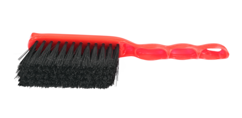 Red cleaning brush, broom for dusting isolated on white background
