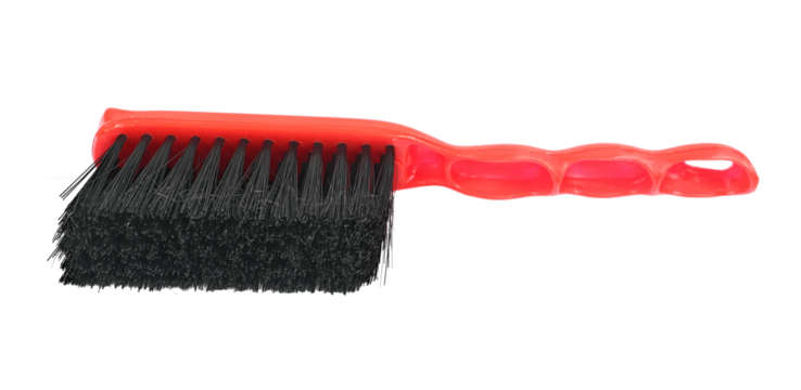 Red cleaning brush, broom for dusting isolated on white background