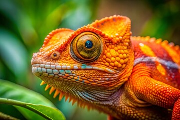 Fototapeta premium Vibrant Orange Chameleon in Natural Habitat Showcasing Unique Color Change Abilities and Exotic Wildlife Beauty
