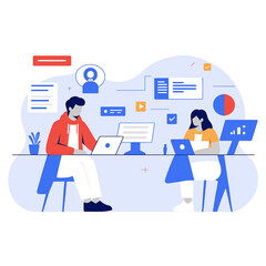 Fake News concept. The spread of misinformation through digital media highlighted with cautionary symbols and skeptical characters. Vector illustration.
