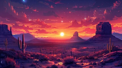 Otherworldly Landscape with Dramatic Sunset and Meteor in Starry Sky