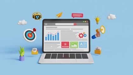 Digital marketing automation. Analytics dashboard, SEO, growth, advertising, campaign. Business strategy with KPI. AI powered workflow. 3D analytics dashboard on laptop. 4K 3D animation