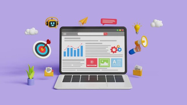 Marketing automation or web automation. Growth strategy, target audience, advertising or campaign, progress or improvement. 3D web page on laptop screen with digital marketing icons. 4K 3D animation