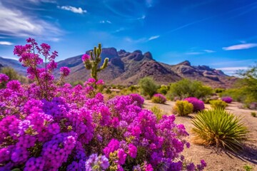 Obraz premium Vibrant Purple Flowers Blooming in Arizona's Desert Landscape Under Clear Blue Skies During Springtime Nature's Beauty
