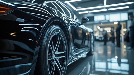 A vehicle undergoing a thorough detailing service in a pristine, modern garage. A team of professionals is cleaning the exterior, polishing the bodywork, and vacuuming the interior.