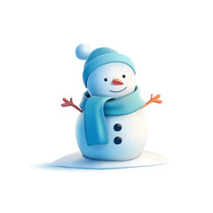 3D happy smiling snowman character in scarf and hat. For advertising winter concepts, Christmas, and New Year celebrations. Snowman on a white background. Vector illustration.