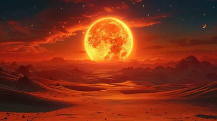 Radiant Full Moon Illuminates Alien Desert Landscape at Night