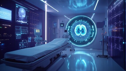 PET scanner in a futuristic hospital setting, capturing real-time images of patient brain activity, AI-powered interface for medical data analysis