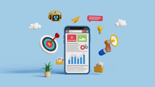 Digital marketing automation. Analytics dashboard, SEO, growth, advertising, campaign. Business strategy with KPI. AI powered workflow. 3D analytics dashboard on smartphone. 4K 3D animation