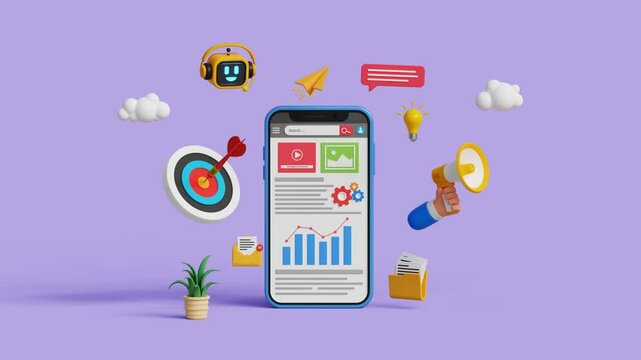 Marketing automation or web automation. Growth strategy, target audience, advertising or campaign, progress or improvement. 3D web page on smartphone with digital marketing icons. 4K 3D animation
