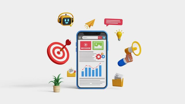 Marketing automation. Digital marketing strategy, SEO, analytics dashboard, business insight, marketing research, advertising, campaign. 3D analytics dashboard on smartphone. 4K 3D animation