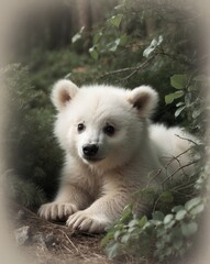 Obraz premium Adorable fluffy white bear cub in the forest.