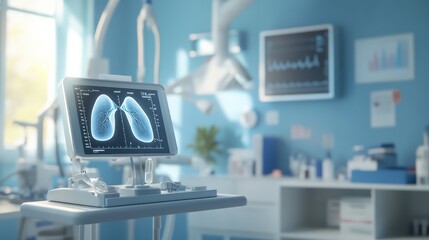 Portable digital spirometer measuring lung function, detailed 3D render with data on a handheld device in a medical clinic 