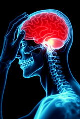 A High-Resolution X-ray Side View of a Person with Hand on Forehead, Red-Highlighted Brain Showing Headache Pain, Against Black Background