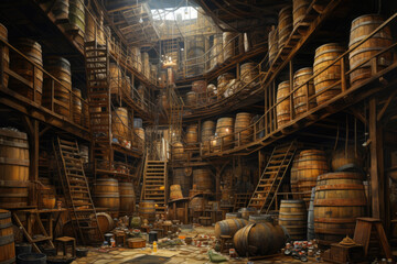 Fototapeta premium generated Illustration of Wine barrels in wine vaults.