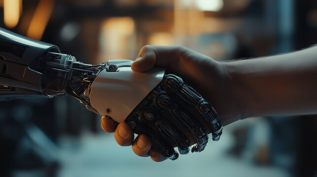human hand delicately touches the hand of a robot's metallic hand. handshake scene Concept of harmonious coexistence of humans and AI technology and involution
