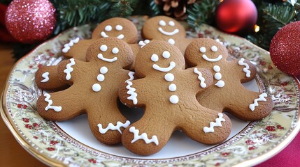 Fototapeta premium Gingerbread men cookies on a plate, surrounded by Christmas decorations