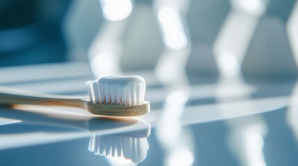 Toothbrush with toothpaste on a clean white surface