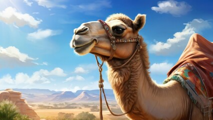 A close-up of a camel with a saddle, set against a desert landscape and blue sky.