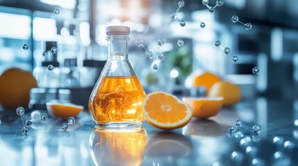 Vitamin C serum with molecular structure for brightening skin.