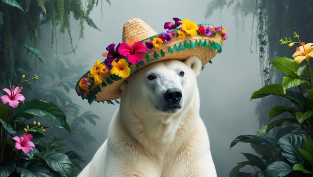 A polar bear wearing a sombrero adorned with flowers on its head and a lush background of foliage.