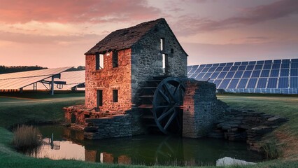 Obraz premium sunset nature solar farm stone mill waterwheel pond dilapidated solar panels contrast landscape