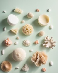 Assortment of natural sea sponges and coral on a mint green background.