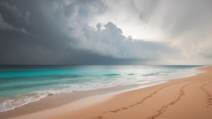 A serene expanse of sand meets the shores of a tranquil sea under a gloomy sky.