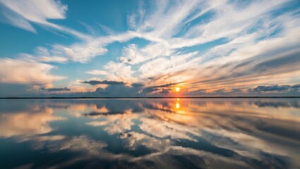 Fototapeta premium A expansive water body mirroring the sun and adorned with cloud formations in the sky.