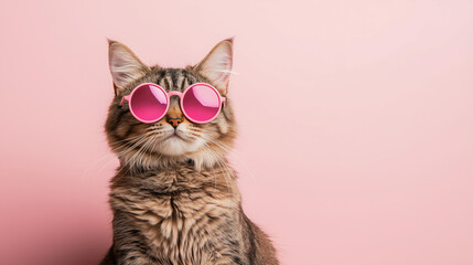 Cat wearing pink sunglasses posing against pastel pink background 