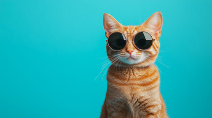 Cool ginger cat wearing sunglasses against bright blue background
