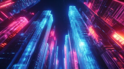 Fototapeta premium Futuristic Cyberpunk Cityscape with Neon Skyscrapers at Night