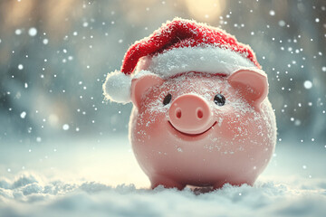 A cheerful pink piggy bank wearing a classic red and white santa hat, positioned on a smooth white surface, with a soft and blurred winter-themed background featuring gentle, sparkling snowflakes,...