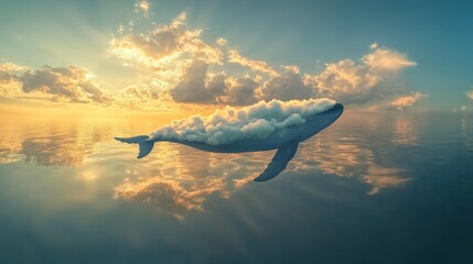Fototapeta premium Surreal Sky Whale Floating in Tranquil Ocean at Dreamy Sunset Reflection