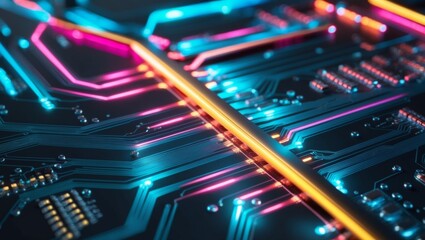 Futuristic Circuit Board with Neon Lights.