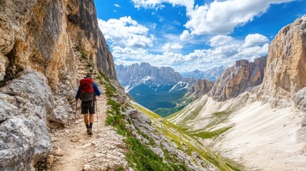 Naklejka premium A hiker walks along a narrow mountain trail with a stunning view of the valley below.