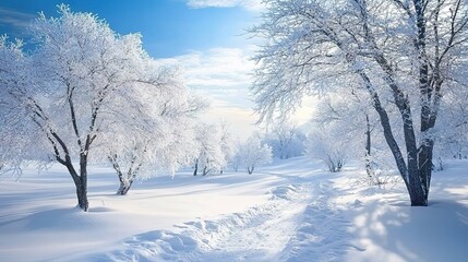 Fototapeta premium Beautiful winter scene with frosted branches and deep white snow.