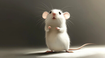 Adorable white mouse standing upright with tiny paws, looking surprised in soft light and shadow