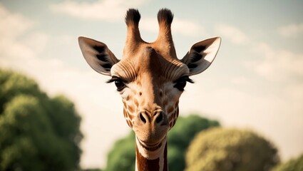 A crisp giraffe face with trees softly blurred behind.